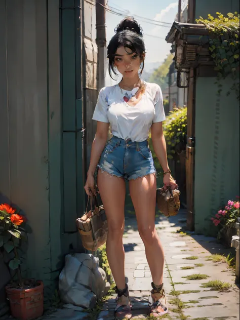 2076 year. The Urban Ruins of the Wasteland, Female huntress picking fruit in the garden, beautiful face, black haired asian woman, badly torn shirt and denim shorts ,  long legs, sweating through, sun rising, Nice warm colors, head to toe, full body shot,...