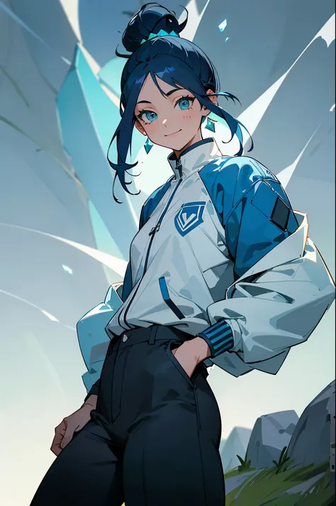 Dark Blue Hair, Blue Tear Drop Tattoo on arm,young female ,light green eyes, blue gem on chest, smiling expression, hands in pockets, rocky background, grassy background, white shirt, blue jacket, black pants, man bun
