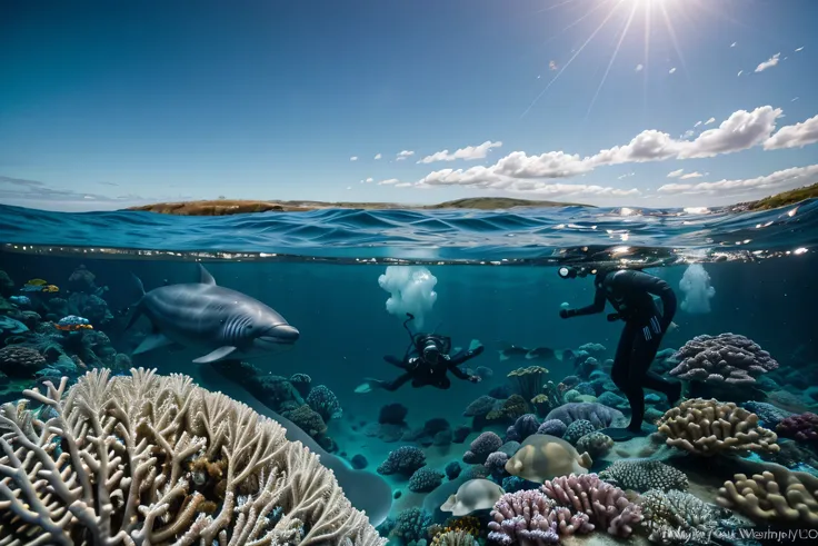 There is a photographer under the sea,Wear a wetsuit,(Photographing whales),Surrounded by white corals,Gold fish,Swim around,blue sea,Transparent to see the sea bottom,Real photography