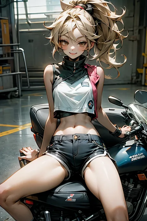 there is a naked anime female wearing a black undershirt sitting upon the motorcycle, 1girl, solo, navel, shorts, thighs, breasts, black shorts, long hair, blonde hair, bare shoulders, midriff, crop top, bare arms, stomach, sleeveless, short shorts, dolphi...