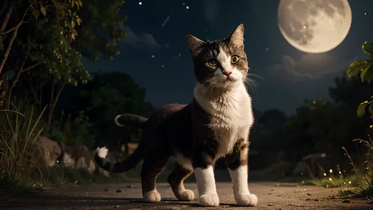 "Create a video inspired by the poem I Am a Cat showcasing the adventures and playful nature of a cat under the moonlit sky. Capture scenes of the cat wandering through the night, chasing stars, playing with colorful objects, and interacting with other ani...