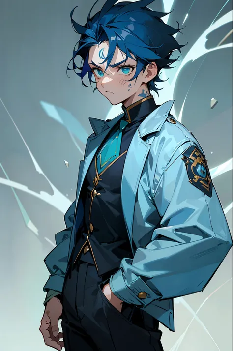 Dark Blue Hair, Blue Tear Drop Tattoo,young male ,light green eyes, blue gem on chest, angry expression, hands in pockets, rocky background, grassy background, white shirt, blue jacket, black pants,
