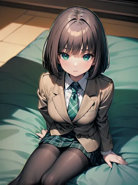 Top-High quality、Highest image quality、masterpiece、high contrast、Vulgarity、high school girl、on the bed、brown hair、bob cut、uniform、(brown blazer)、ribbon tie、(Green and gray plaid skirt)、(black tights)、cinematic lighting、fine shading