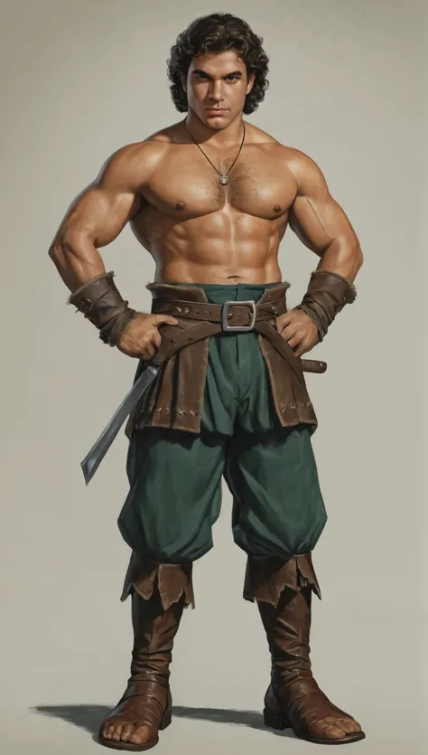 An illustrated movie poster, hand-drawn, full color, a swashbuckler, male, 28 years-old, wearing ankle-banded pants and leather boots, resembles a young Lou Ferrigno, sun-tanned skin, round face, average height, broad shoulders, soft belly, slightly chubby...