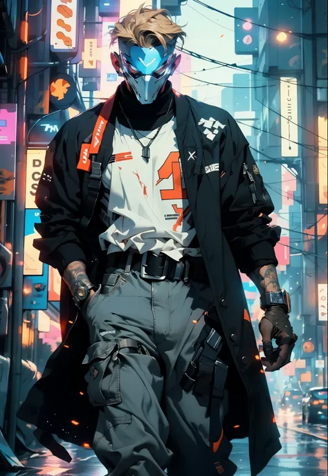 An adult man with tousled and messy dark blonde hair, a metallic beast concept mask covering his entire face, full mask, cold and penetrating gaze, a sturdy physique, a loose cyberpunk-style short jacket over a T-shirt, metal wrist guards, a belt around hi...