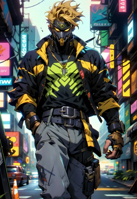 An adult man with tousled and messy dark blonde hair, a metallic beast concept mask covering his entire face, full mask, cold and penetrating gaze, a sturdy physique, a loose cyberpunk-style short jacket over a T-shirt, metal wrist guards, a belt around hi...