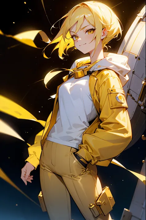 Blonde hair, Golden Eyes, Muscular, yellow gem on chest, young female, smirk expression, hands in pockets, space background, white shirt, yellow jacket, whte pants,
