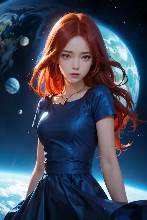 Anime girl with red hair and blue dress standing in front of a planet, portrait anime space cadet girl, great art style, style art germ, art germ jsc, Official Fan Art Behance HD, realistic art style, Alice x. open, ! dream art germ, zodiac girl portrait k...