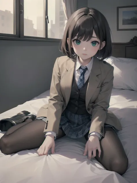 Top-High quality、Highest image quality、masterpiece、high contrast、Vulgarity、high school girl、on the bed、brown hair、bob cut、uniform、(brown blazer)、ribbon tie、(Green and gray plaid skirt)、(black tights)、cinematic lighting、fine shading