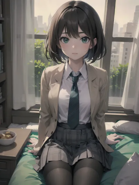 Top-High quality、Highest image quality、masterpiece、high contrast、Vulgarity、high school girl、on the bed、brown hair、bob cut、uniform、(brown blazer)、ribbon tie、(Green and gray plaid skirt)、(black tights)、cinematic lighting、fine shading