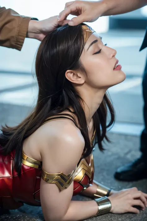 from the side,perfect wonder woman costume,crawl on all fours,in the water,sleeping face,close ~ eyes,open your mouth,tired face...