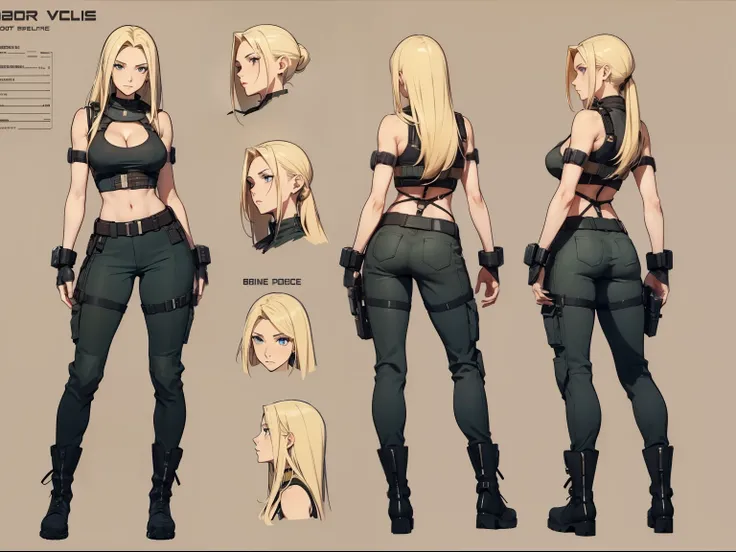 A woman, 20 years old, long blonde hair, tall boots, aesthetic body, tank top, stylish, futuristic, cleavage, desert military pants, tech equipment, Jill valentine, dog tag, various angles, (front, back, side), character sheet, model sheet, reference sheet...