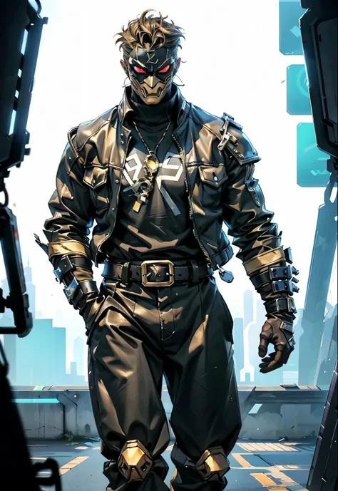 An adult man with tousled and messy dark blonde hair, a metallic beast concept mask covering his entire face, full mask, cold and penetrating gaze, a sturdy physique, a loose cyberpunk-style short jacket over a T-shirt, metal wrist guards, a belt around hi...