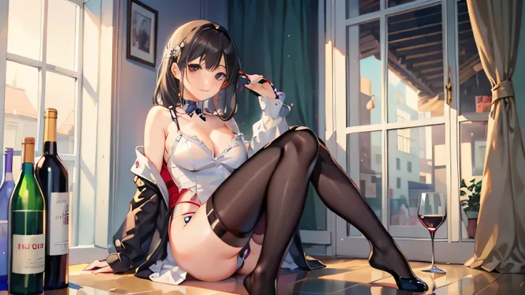 anime girl sitting on the floor with a glass of wine, seductive anime girl, Beautiful seductive anime woman, beautiful anime girl squatting, attractive anime girl, beautiful anime girl, fully clothed. Sexy painting, (anime girl), anime girl, Illustration d...