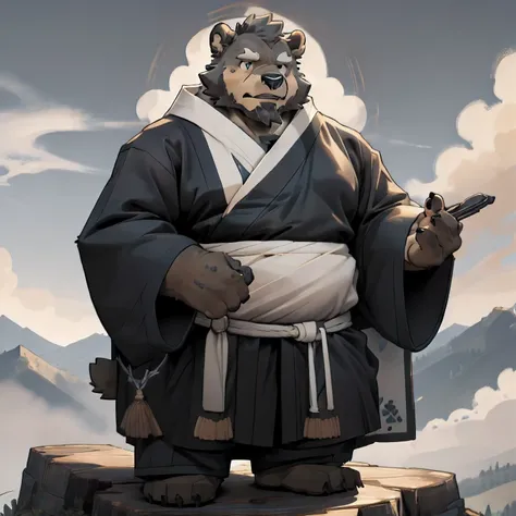 New Jersey 5 Hairy, Bear，Full body portrait of an individual, Middle-aged men,exquisite，round face， chubby，Fat，thick arms，plush fur，Mountain Top，Cloud，shrouded in mist，Monk，middle aged，Full set of Xian Xia clothing，Taoist robe，Cultivation，Xian Xia，calm，maj...