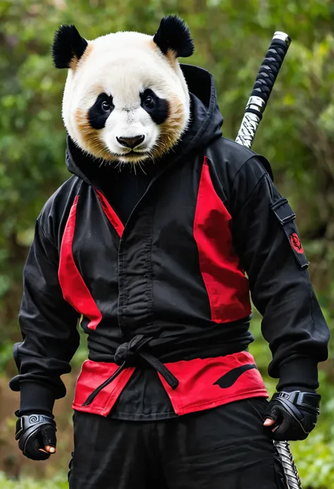 um panda raivoso com jaqueta e capuz vermelho escrito p7 no capuz segurando 2 espadas ninja e do lado um touro negro raivoso