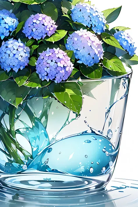 Best quality、photorealistic、super detail、delicate、orderly、high detail、(beauty of nature、青いhydrangea、hydrangea、get wet、cinematic concept art、white background、dynamic angle:1.3)、