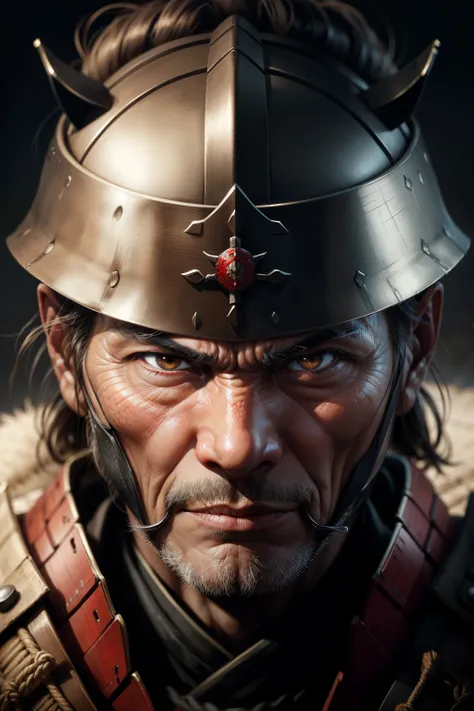 Realistic ultra HD close-up portrait，A samurai wearing a war mask, Wrinkles ,Facial expressions show strong emotions