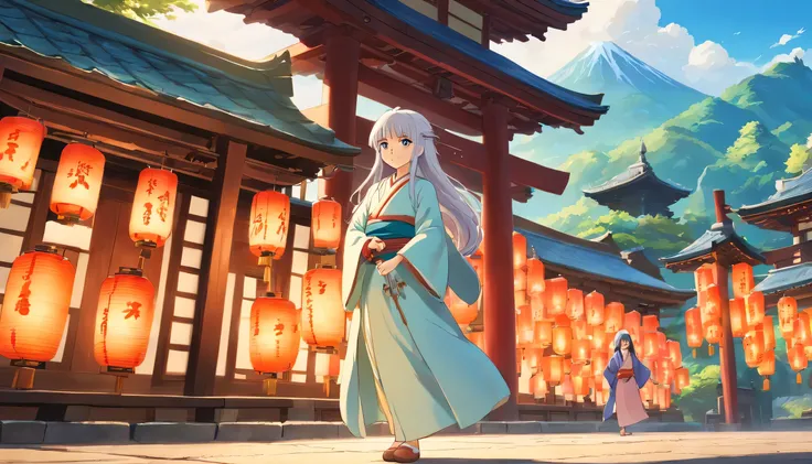 7 year old Japanese girl, super long hair, Front view, full body esbian, With a Japanese temple in the background, wood and, rios, A very beautiful sunny day. Wear a priestess costume, Shot from close range，full body esbian、beautiful big breasts:1.3、long s...