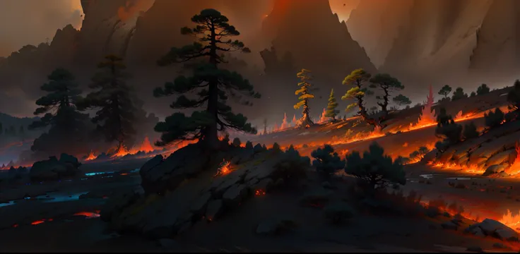 Ancient Chinese netherworld, a very large lava field, Burning Trees, scorched earth, Hellscape, Lava in the background, lava river, demonic landscape, diyu, beautiful and desolate, ash piles