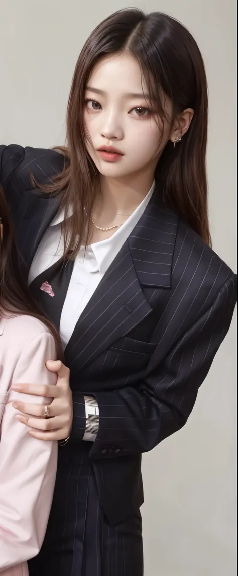 there is a woman and a young girl posing for a picture, wearing a pinstripe suit, girl in suit, girl in a suit, wearing a business suit, wearing business suit, blackpink jennie, bae suzy, jossi of blackpink, wearing fashion suit, pinstripe suit, cropped sh...