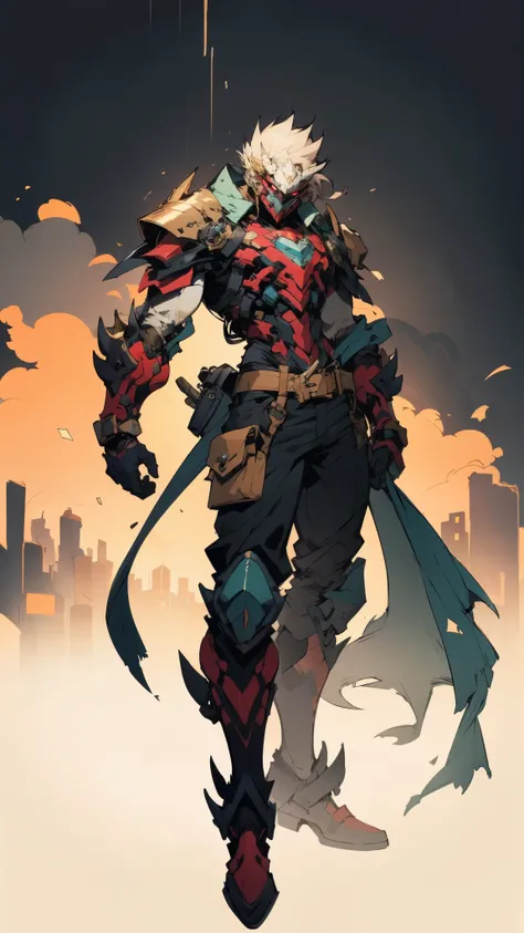 An adult man with tousled and messy dark blonde hair, a metallic beast concept mask covering his entire face, full mask, cold and penetrating gaze, a sturdy physique, a loose cyberpunk-style short jacket over a T-shirt, metal wrist guards, a belt around hi...