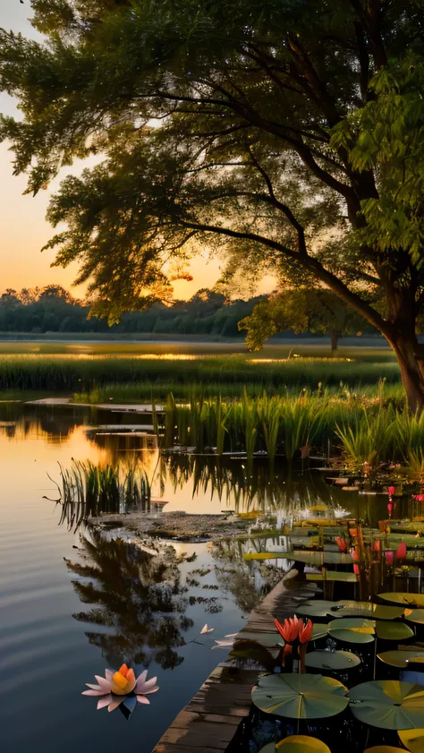 a beautiful pond in the evening, with white and red water lilies, a bird that wants to catch a fish, a beautiful sunset, reeds, ...