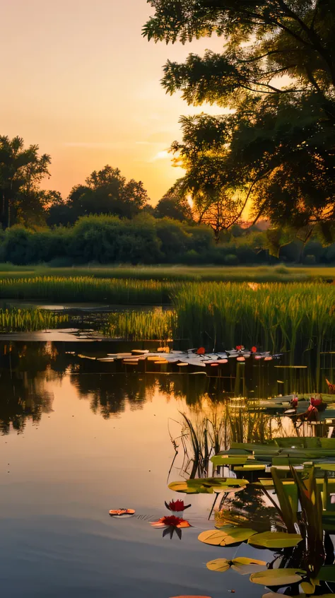 a beautiful pond in the evening, with white and red water lilies, a bird that wants to catch a fish, a beautiful sunset, reeds, very detailed, 8k quality.