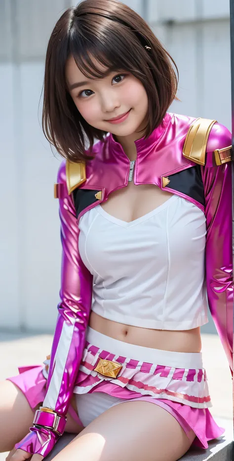 （8K、Raw photography、highest quality、masterpiece：1.2),(black haired、very short hair:1.8),(twin mitsu braid:1.4)、show viewer,Looking at the front,erotic,白いskin,(Wearing a shiny pink ranger costume:1.9)、()、(Clothing that emphasizes the shape of your chest、pub...