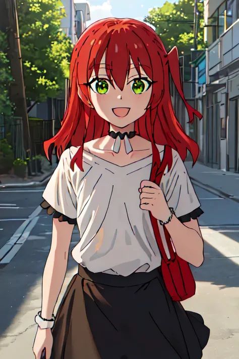 best quality, masterpiece, highres, solo, {kita_ikuyo_bocchitherock:1.15}, red_hair, long_hair, bangs, hair_between_eyes, one_side_up, green_eyes, smile, 1girl, :d, black_choker, choker, looking_at_viewer, open_mouth, shirt, white_shirt, short_sleeves, ful...