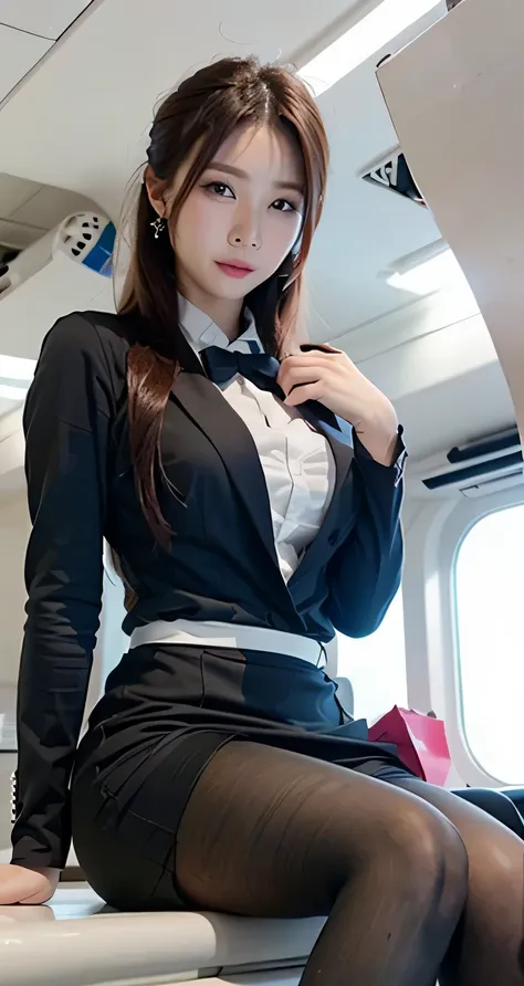 (((kamimei、hair standing on end、ceiling、bend forward、from below、air、navy blue skirt suit、in flight、good style、embarrassing of、re...