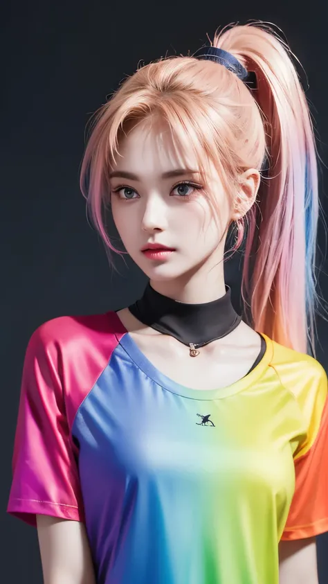 Get ready to stand out with this visually descriptive and detailed t-shirt, showcasing a stunning rainbow color gradient high ponytail. The stylistic rendering of the colorful hair adds a touch of creativity to the already unique design, making it a must-h...