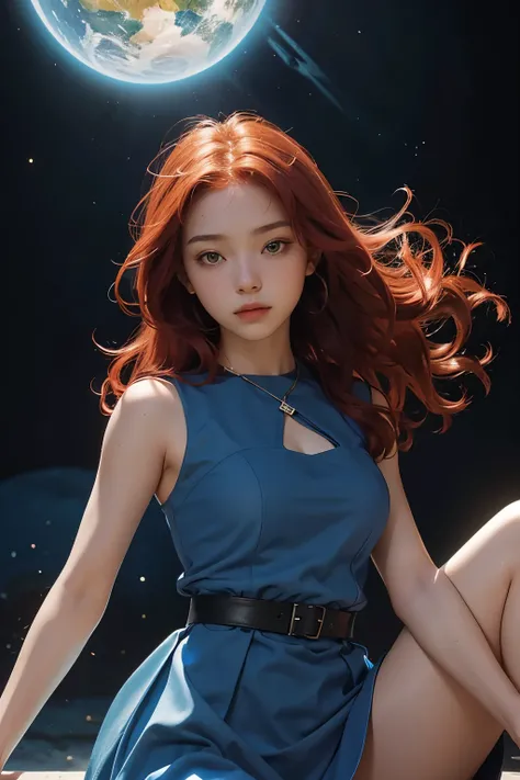 A beautiful woman. red hair. Fifteen years old. She is looking at the camera with a defiant expression. She is wearing a blue dress-like outfit. An image of a glowing blue planet behind her.