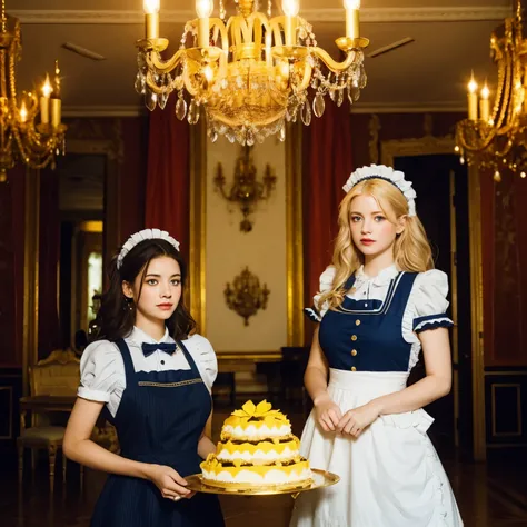 masterpiece, best quality, 1 girl, solo, large breasts, wavy hair, golden yellow hair, dark blue eyes, maid, maid headdress, frill apron, in the castle, chandelier, standing