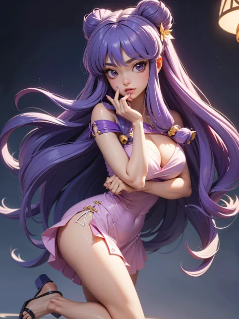 Garota anime de cabelo purple com saia vestido longo purple meio transparente e espartilho, 16 anos, corpo bonito, seios grandes, com hand in panties , hand in purple hair, Garota sexy, purple hair, mechas de cabelo laterais, mechas de cabelo na lateral do...