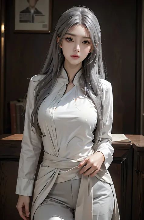 realistic, High resolution, 1 female, alone, hip up, look at the audience, (detailed face), gray hair, long hair, doctor costume