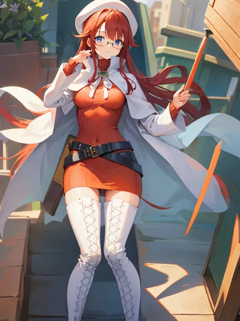 summonnightaty, aty, long hair, blue eyes, red hair, beret, hat, glasses,
BREAK long hair, thighhighs, hat, dress, boots, glasses, belt, cape, sweater, zettai ryouiki, beret, thigh boots, white footwear, ribbed sweater, loose belt,solo,
BREAK outdoors, fan...