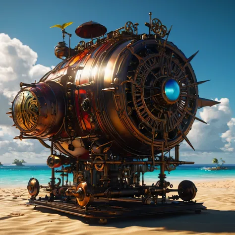 Jean Tinguely steampunk machinerie sun rays dark clouds, Steam Punk, Machinery, Retrofuturism, Concept Art, Intricate, Sharp Focus, Artstation, 3D Model, Depth Of Field, Octane Render, 8K, Digital painting, Highly detailed, Concept art, Tropical beach para...