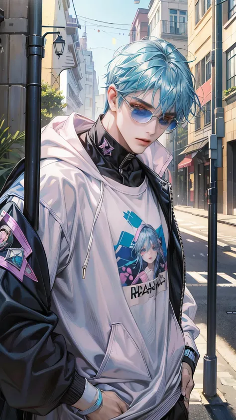 a man with blue hair usando una sudadera con capucha rosa and sunglasses, moda urbana, wearing ropa de calle ciberpunk, ropa de ...