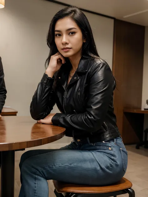 a young man from Indonesia with black hair parted in the middle, a black shirt, jeans, who was taking a photo with a beautiful celebrity from Indonesia named Dian Sastro Wardoyo, wearing a leather jacket, jeans. location in the meeting building.