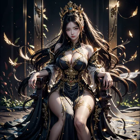 a woman sit on the throne with a sword and a sword, sitting in a gilded throne, 一把sword插在中间，sword，精美华丽的sword在她的寶座上, Gurwitz style artwork, sitting on a golden throne, Beautiful fantasy queen, sitting on a golden throne, Sitting on an intricate throne, sitt...