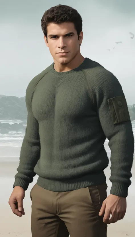 An illustrated movie poster, hand-drawn, full color, a secret agent, male, 21 years-old, wearing a wool commando sweater and tactical pants, resembles a young Lou Ferrigno, sun-tanned skin, round face, average height, broad shoulders, soft belly, slightly ...