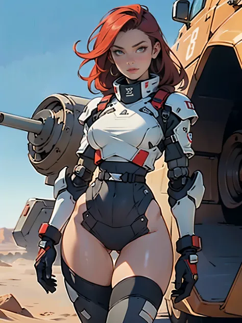 1woman 20 years old, military, camouflaged uniform, beautiful, perfect body, realistic, red hair, perfect body, thin waist,  , large breasts, slim thighs, desert background, armored vehicle, flying fighters, military robot dog, wealth of details, tight pan...