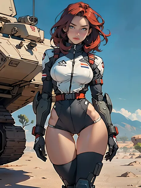 1woman 20 years old, military, camouflaged uniform, beautiful, perfect body, realistic, red hair, perfect body, thin waist,  , large breasts, slim thighs, desert background, armored vehicle, flying fighters, military robot dog, wealth of details, tight pan...