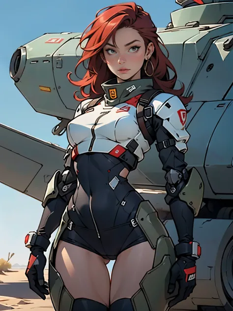 1woman 20 years old, military, camouflaged uniform, beautiful, perfect body, realistic, red hair, perfect body, thin waist,  , large breasts, slim thighs, desert background, armored vehicle, flying fighters, military robot dog, wealth of details, tight pan...