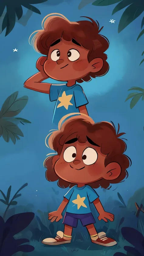 Create me a cartoon-inspired boy with wavy brown hair and a blue shirt with a star and dark skin and smudged eyes