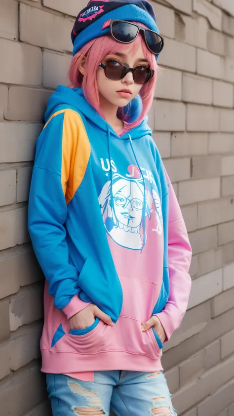 Araffe con una sudadera con capucha rosa y azul y gafas de sol apoyado contra una pared de ladrillos, girl usando sudadera con capucha, chica anime cyberpunk con capucha, black haired girl usando sudadera con capucha, wearing a neon blue hoodie, usando una...