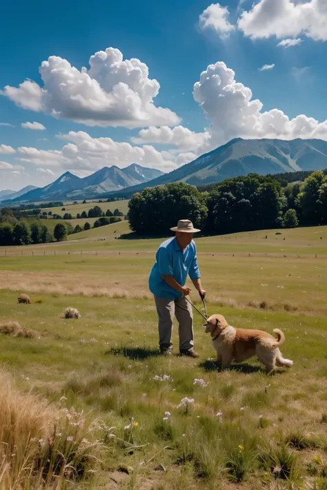 old man playing with cute dog in field of grass, blue sky, clouds, mountains, sharp focus