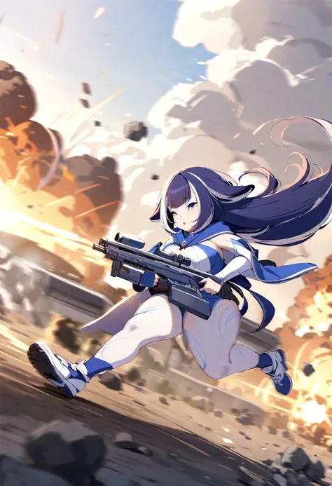 (((shylily))), a girl running and shooting a rail gun, smoke, explosion, debris, (battlefield:1.4),  (running:1.4),  (shooting:1.4),  (Rail gun:1.4), (Thick Body:1.4),