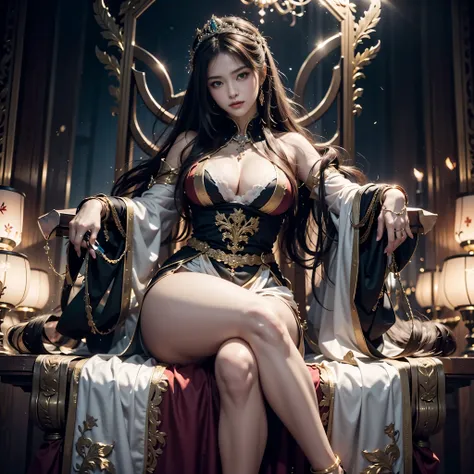 The main subject of the picture is a majestic queen sitting on a gorgeous throne，There stands an extremely sharp sword in front of me，Distinctive features；The art style is unique，Combining classical and modern elements，Showing a deep and mysterious beauty；...